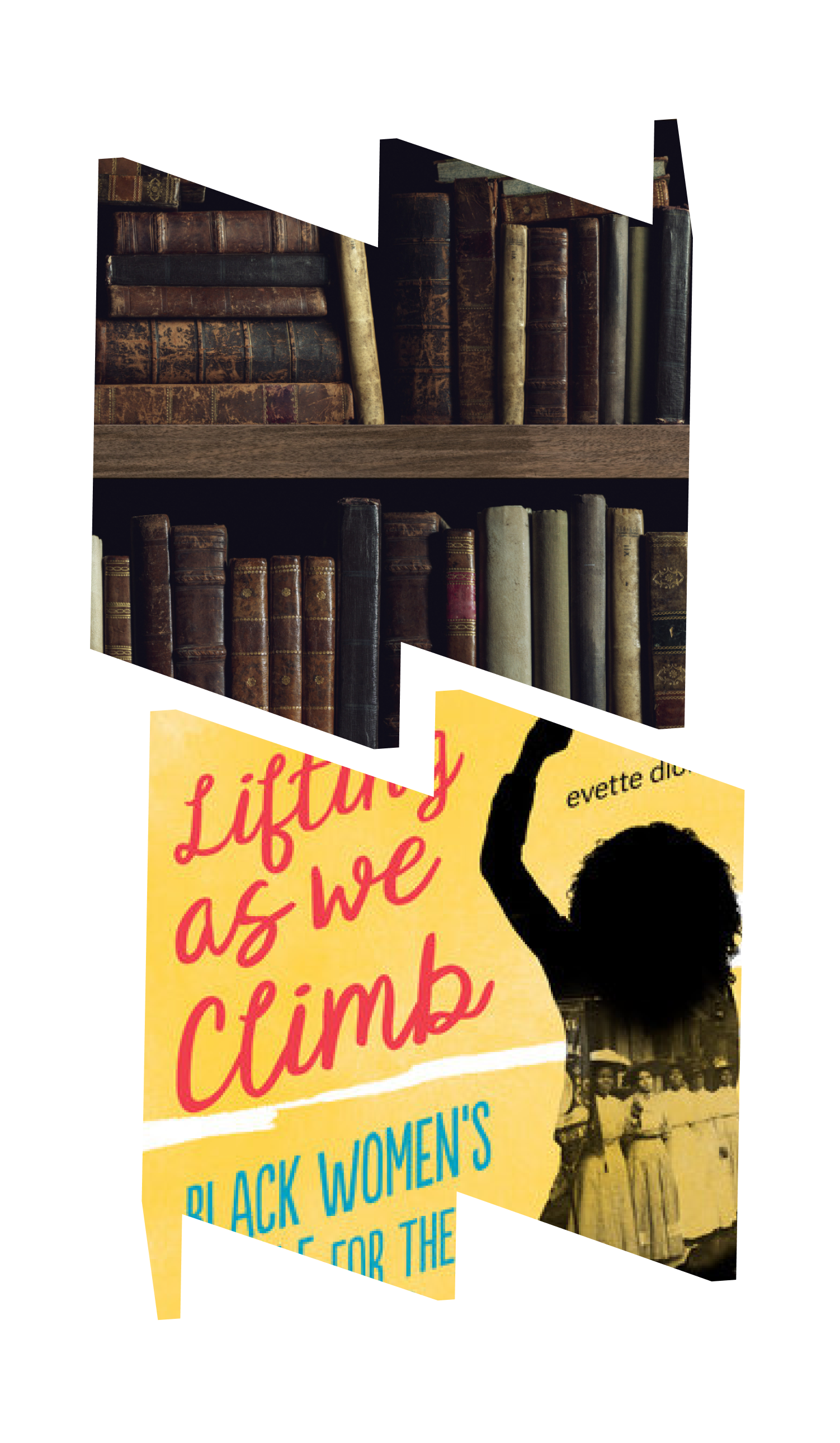 Top "W" frame -- images of books on book shelf. Bottom "M" frame is book cover with title and illustration of girl raising fist.