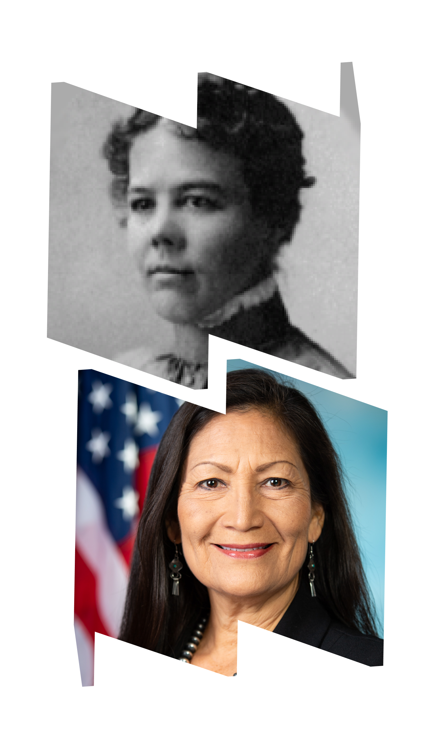 Top "W" frame with a black and white portrait of Lyda Conley; bottom "M" frame with color headshot of Deb Haaland in front of an American flag.