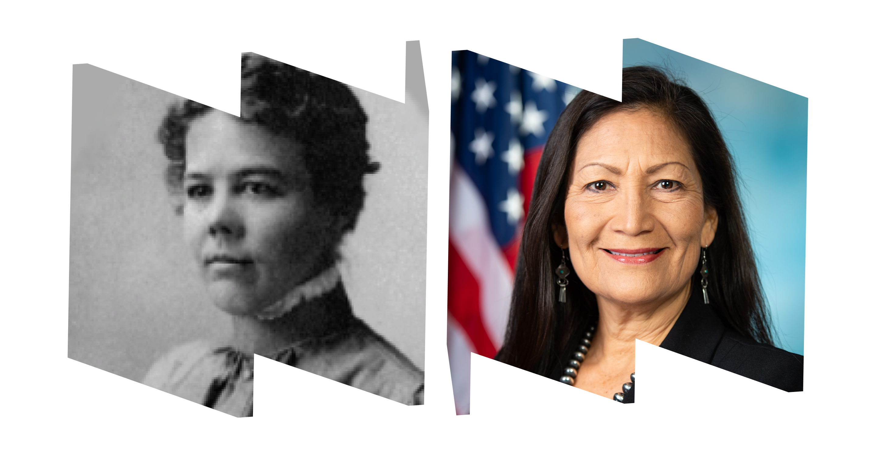 Left "W" frame with a black and white portrait of Lyda Conley; right "M" frame with color headshot of Deb Haaland in front of an American flag.