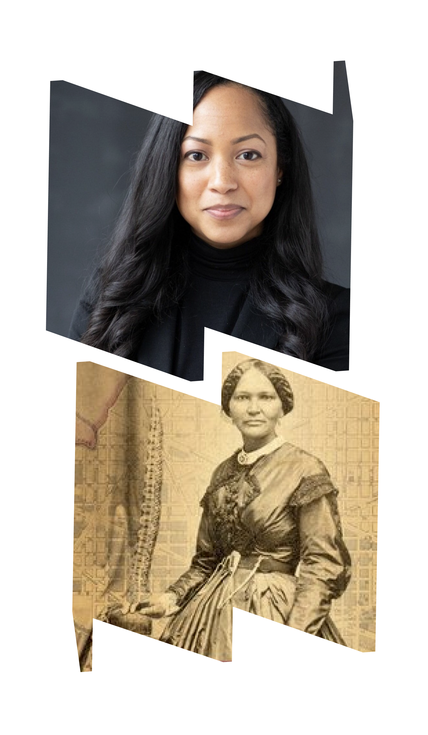Top "W" frame with headshot of Tamika Y. Nunley; bottom "M" frame Threshold of Liberty book cover.