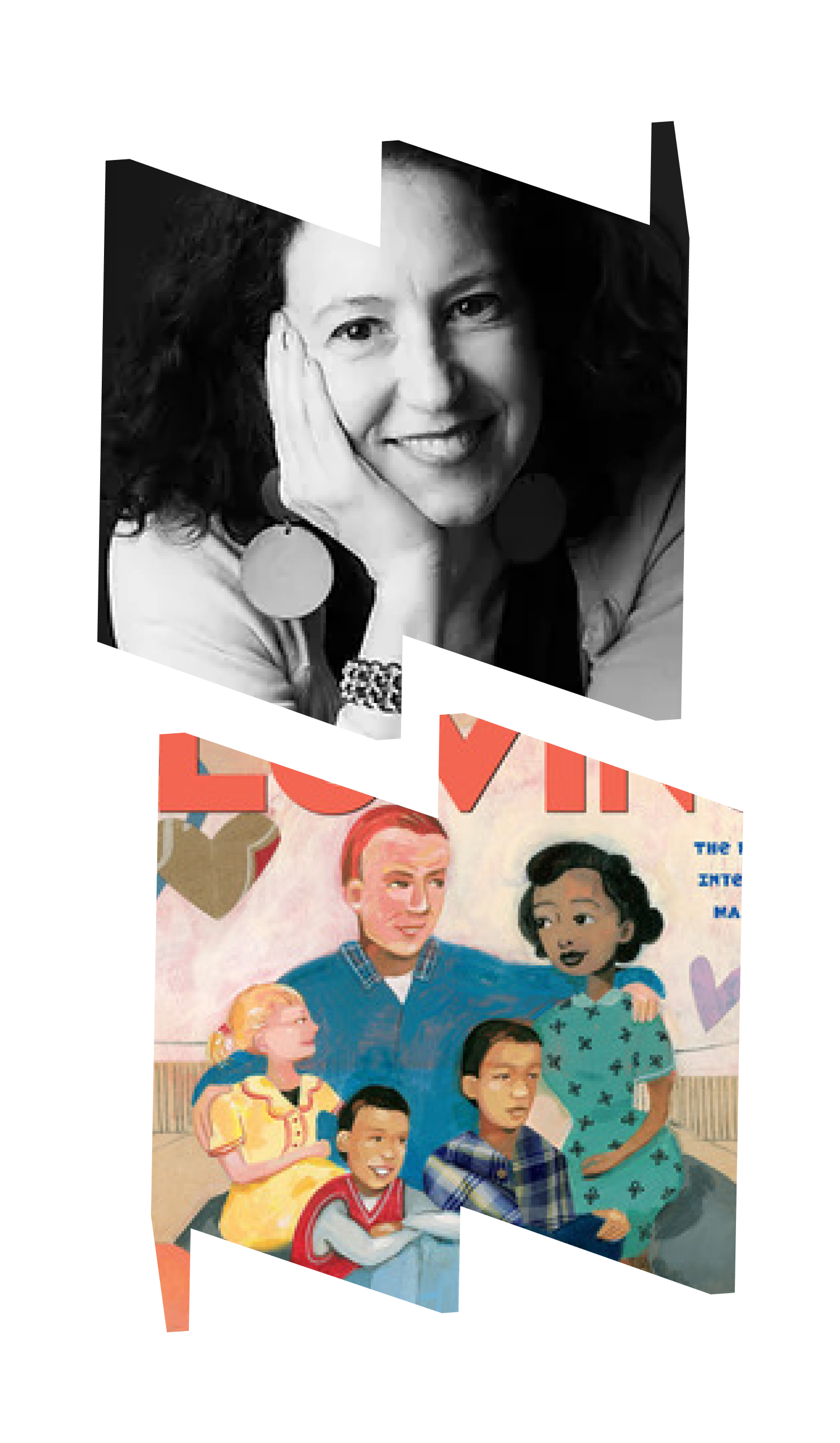Top "W" frame with black and white headshot of author Selina Alko; bottom "M" frame with illustration of father, mother, and three children. 