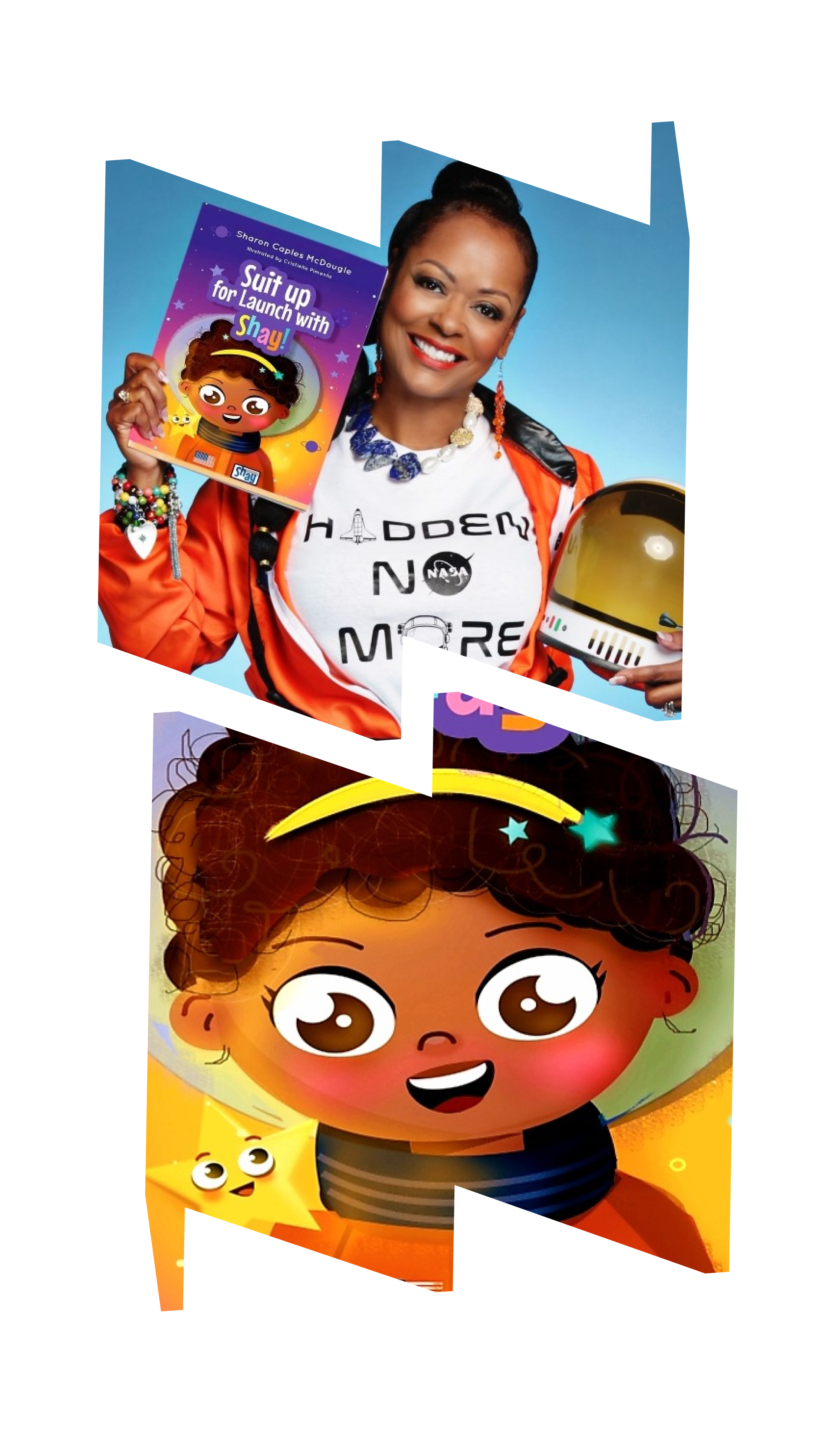 Headshot of author wearing shirt that says, "Hidden No More" in top W frame, illustration of young girl in space suit (from book cover) in bottom M frame.