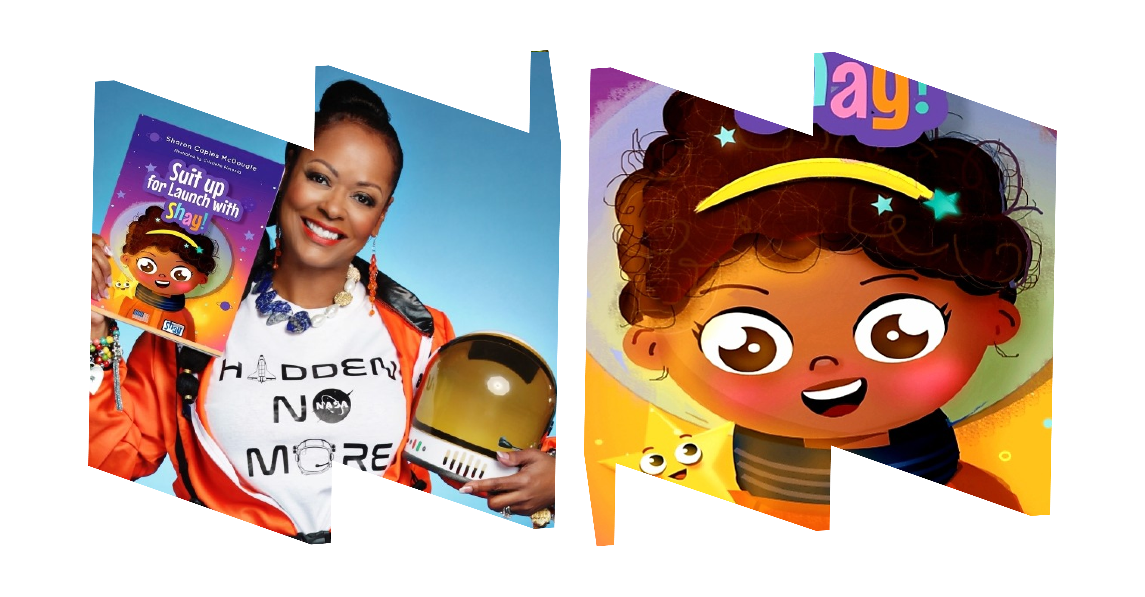 Headshot of author wearing shirt that says, "Hidden No More" in left W frame, illustration of young girl in space suit (from book cover) in right M frame.