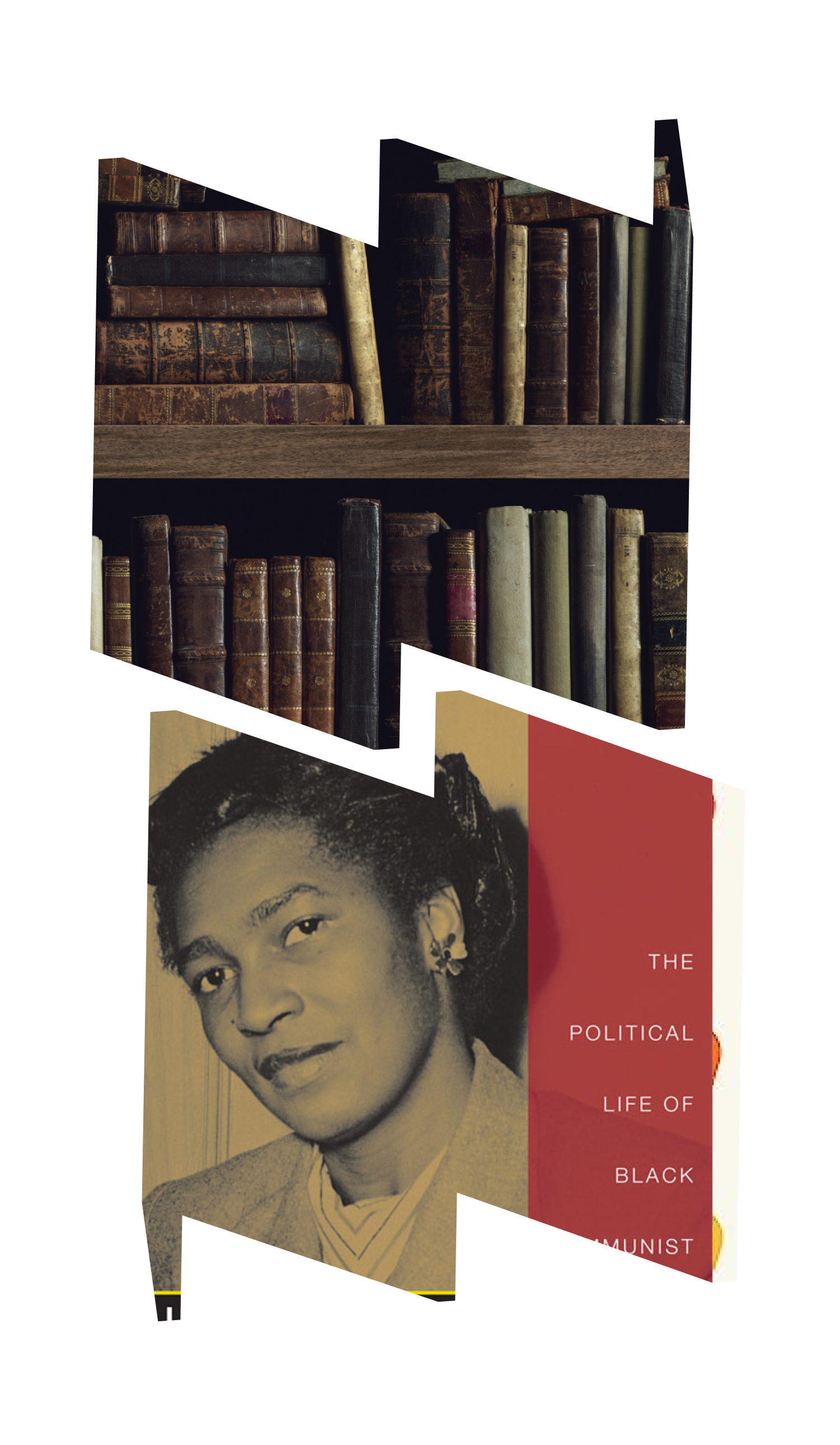 In top "W" frame, image of books on a shelf; in bottom "M" frame, partial view of the "Parable of the Sower" book cover featuring illustration of a woman with red hat and red dress.