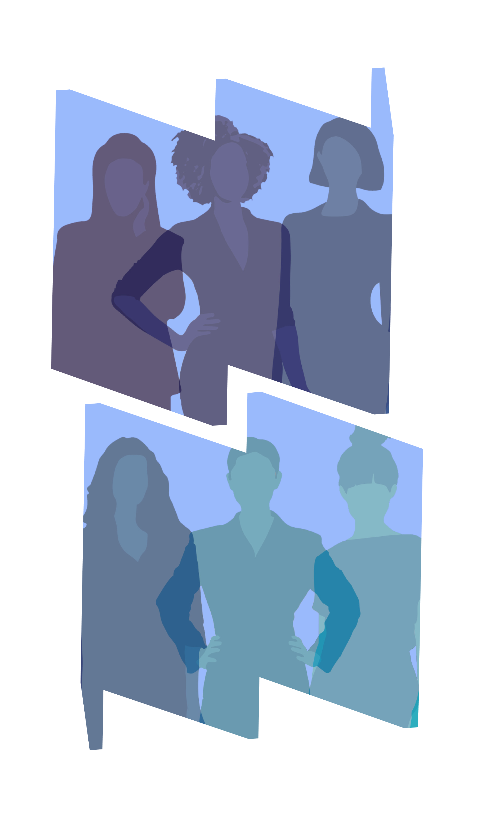 Illustration of several women in colorful silhouettes against light blue backdrop inside frames of W (top) and M (bottom).