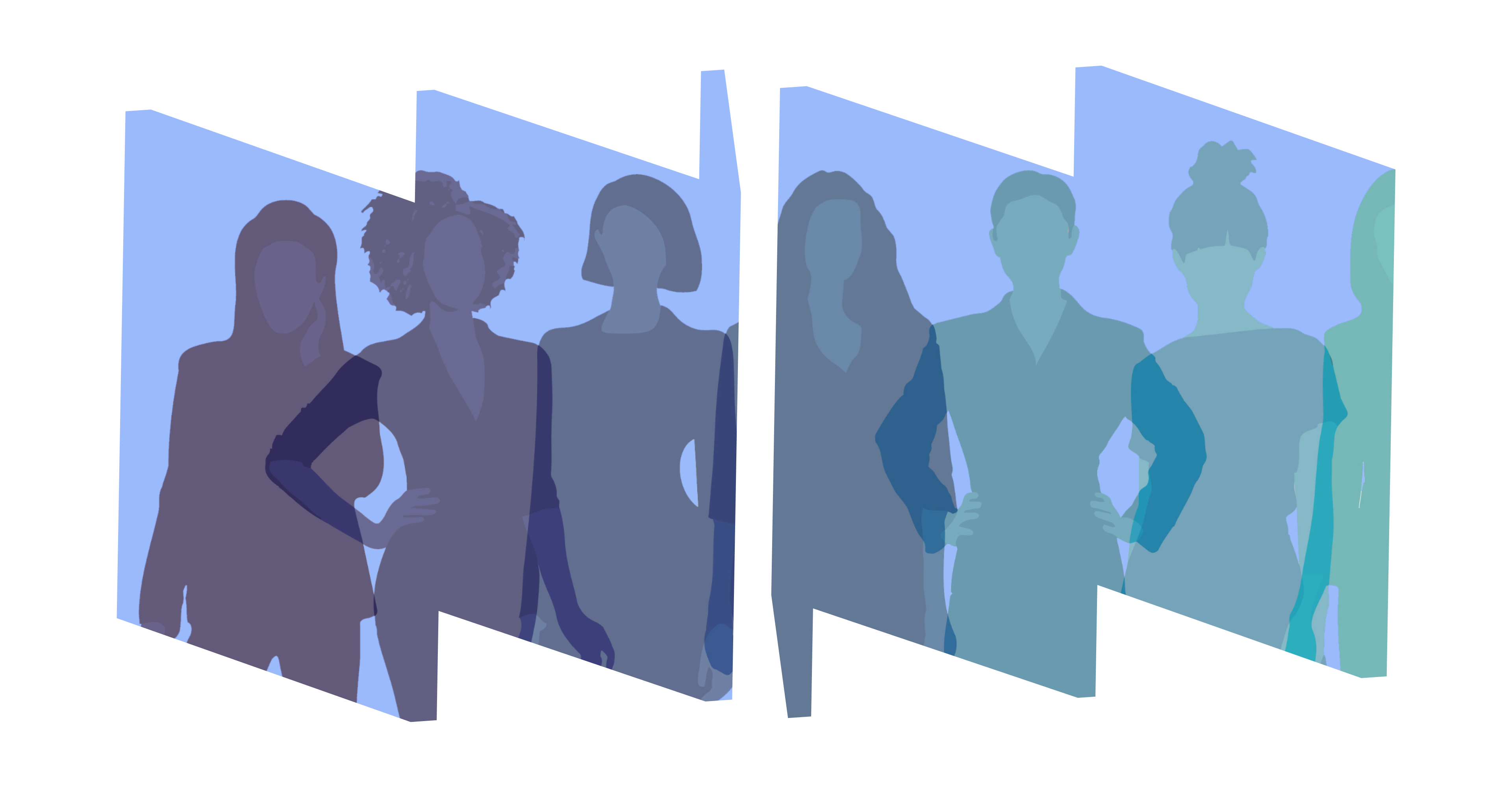 Illustration of several women in colorful silhouettes against light blue backdrop inside frames of W (left) and M (right)..