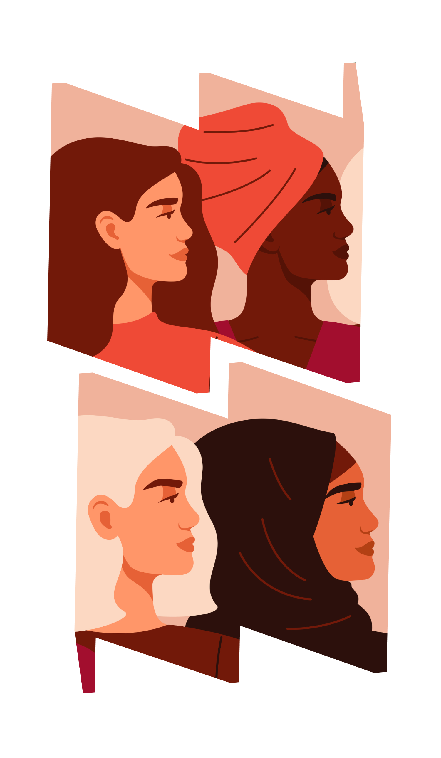 Illustrated portraits of four women of different nationalities and cultures standing together in W and M frames.