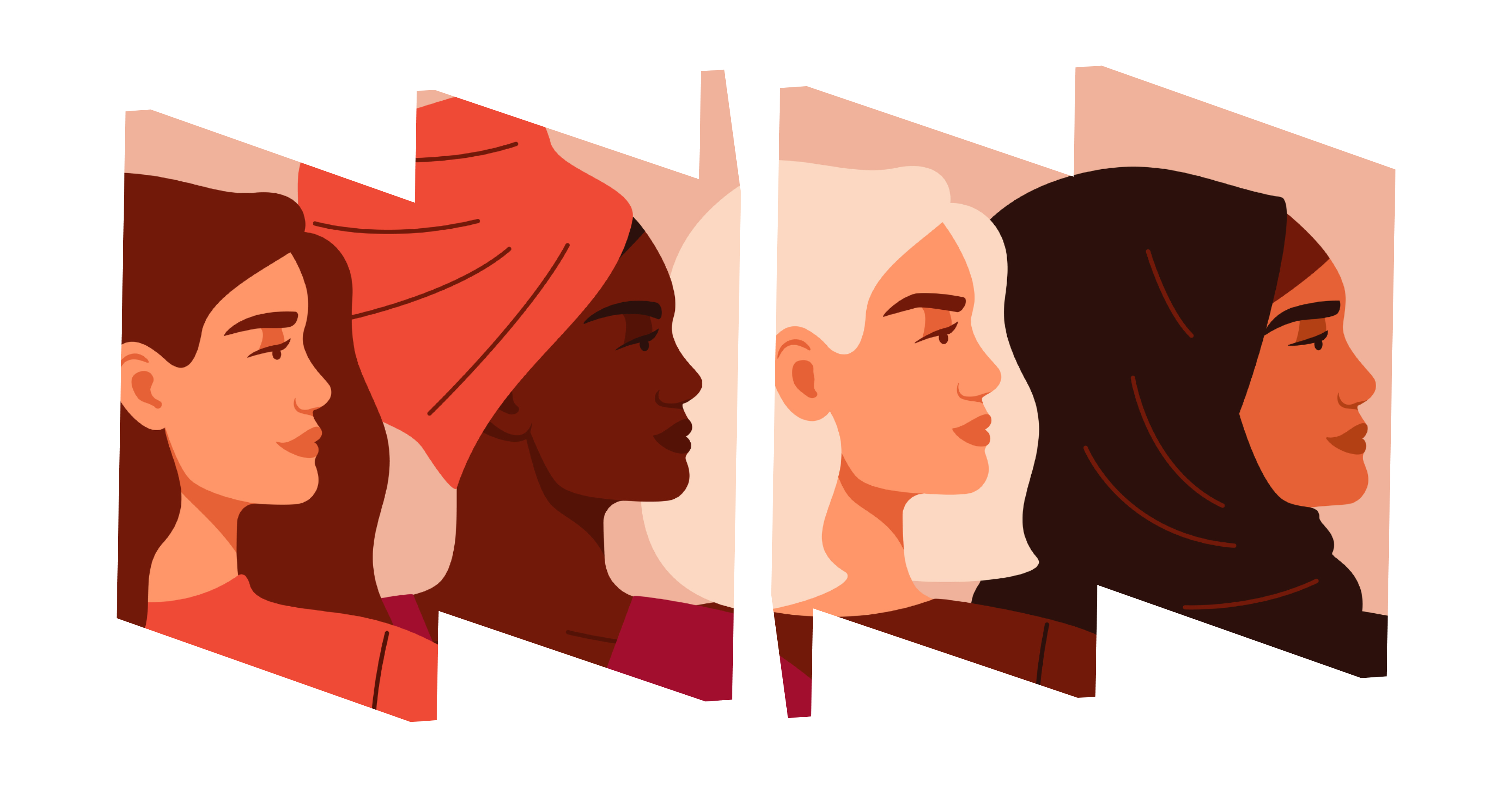 Illustrated portraits of four women of different nationalities and cultures standing together in W and M frames.