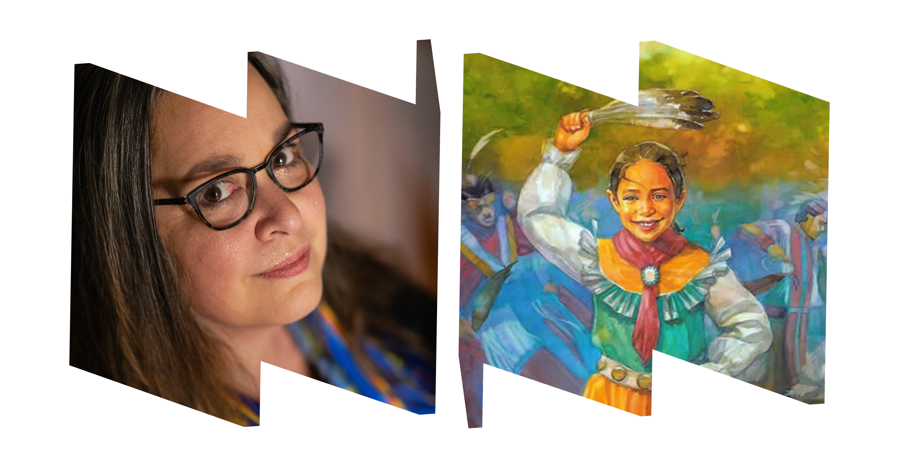 In left "W" frame, close-up, profile view of author Cynthia Leitich Smith wearing glasses; in right "W" frame, close up of young girl dancing and holding a feather above her head.