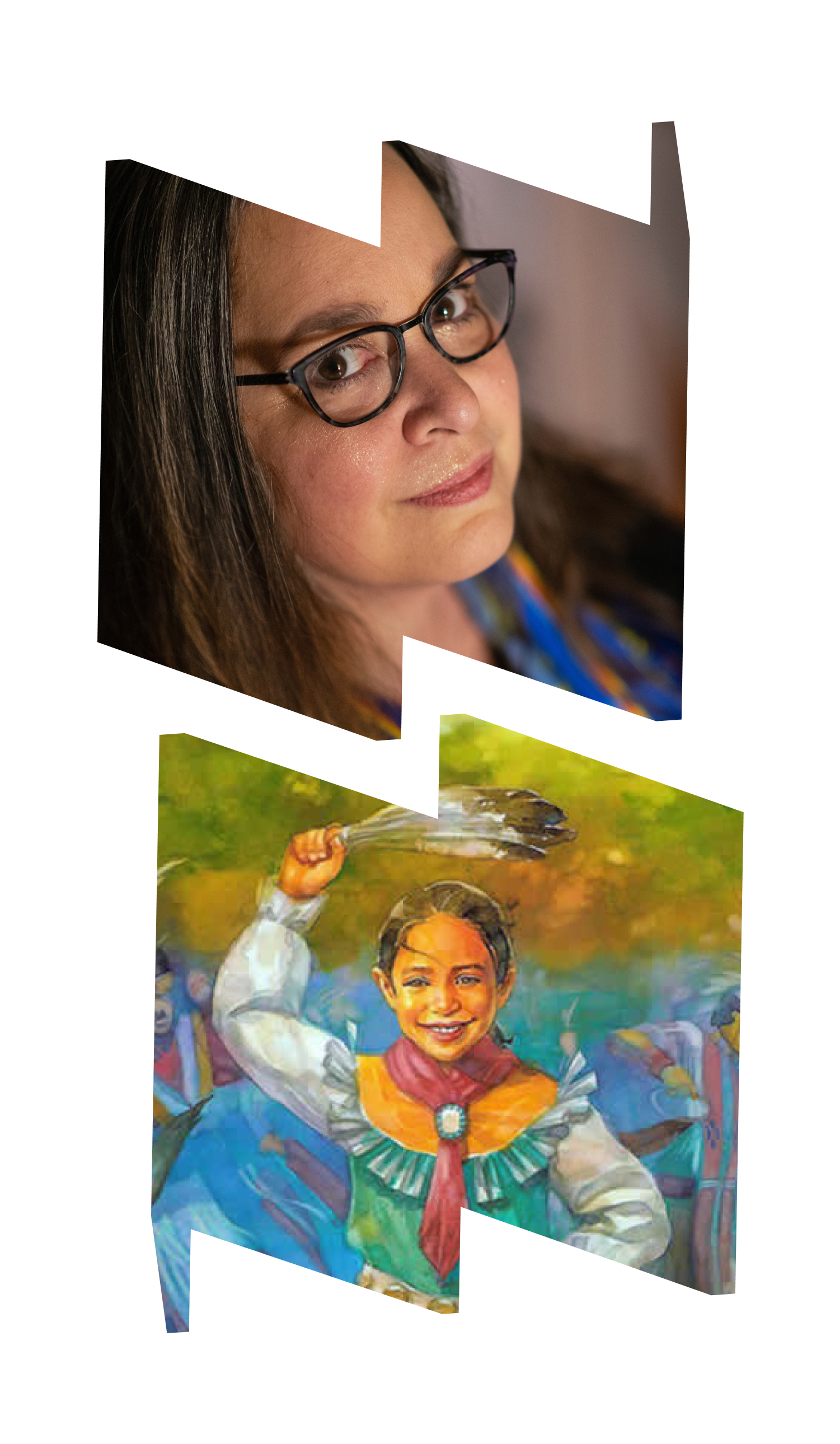In top "W" frame, close-up, profile view of author Cynthia Leitich Smith wearing glasses; in bottom "W" frame, close up of young girl dancing and holding a feather above her head.