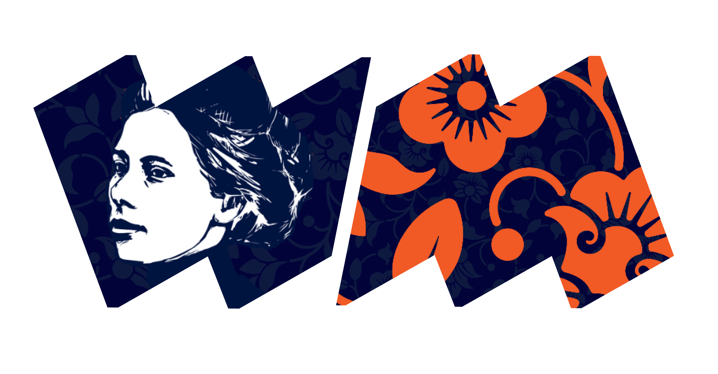 In left "W" frame, close-up profile illustration of Jovita Idar. In right "M" frame, orange flowers. Both images on dark blue background.