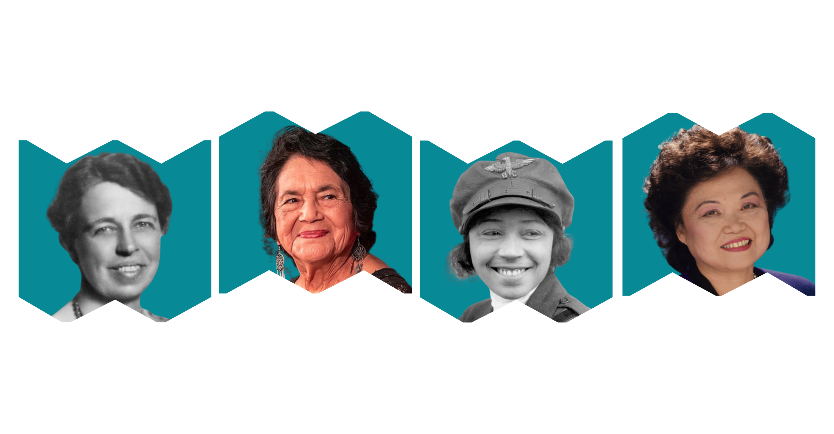From left, in alternating "W" and "M" frames: Headshots of Eleanor Roosevelt, Dolores Huerta, Bessie Coleman, and Patsy Mink.