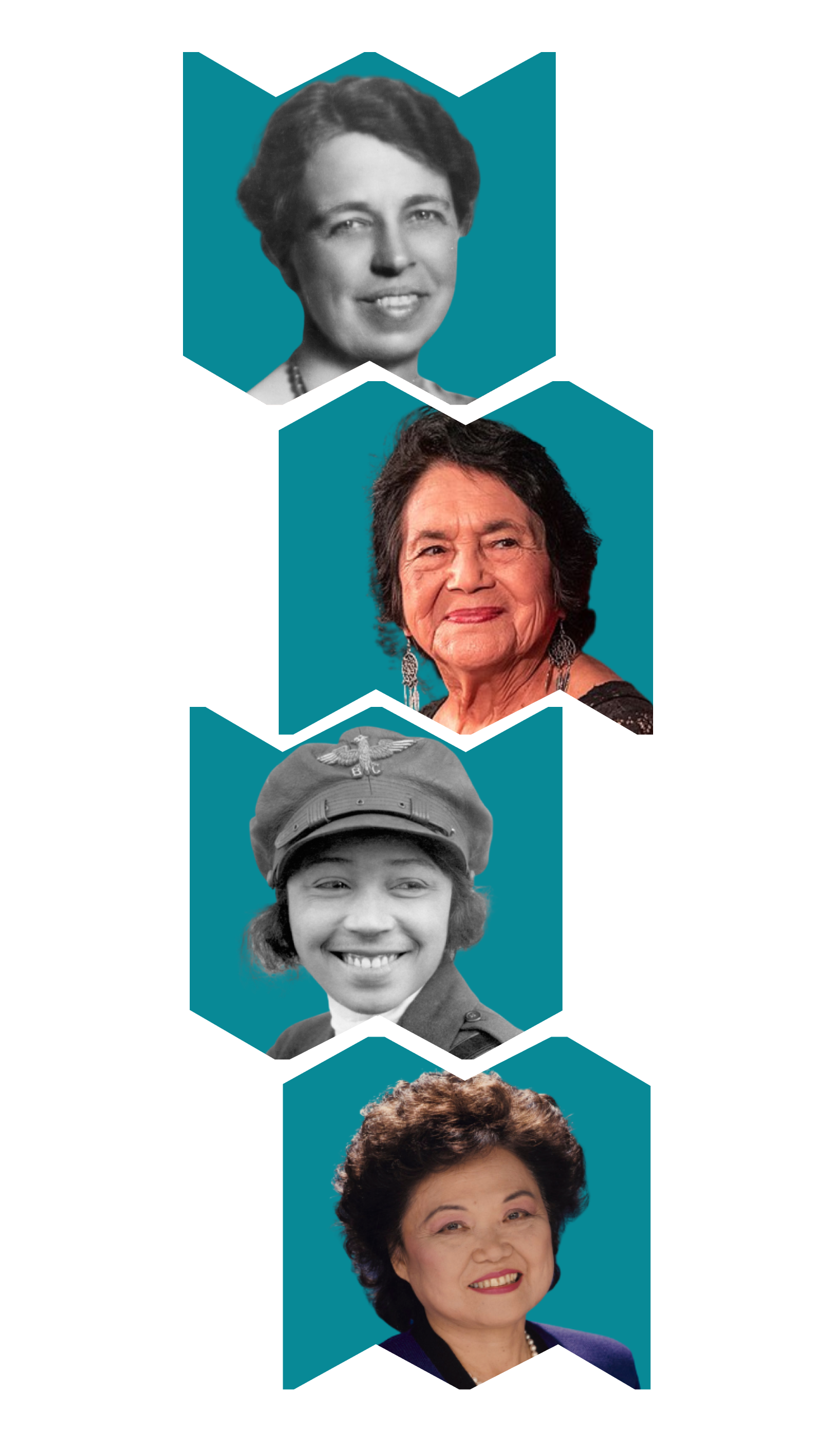 From top to bottom, in alternating "W" and "M" frames: Headshots of Eleanor Roosevelt, Dolores Huerta, Bessie Coleman, and Patsy Mink.