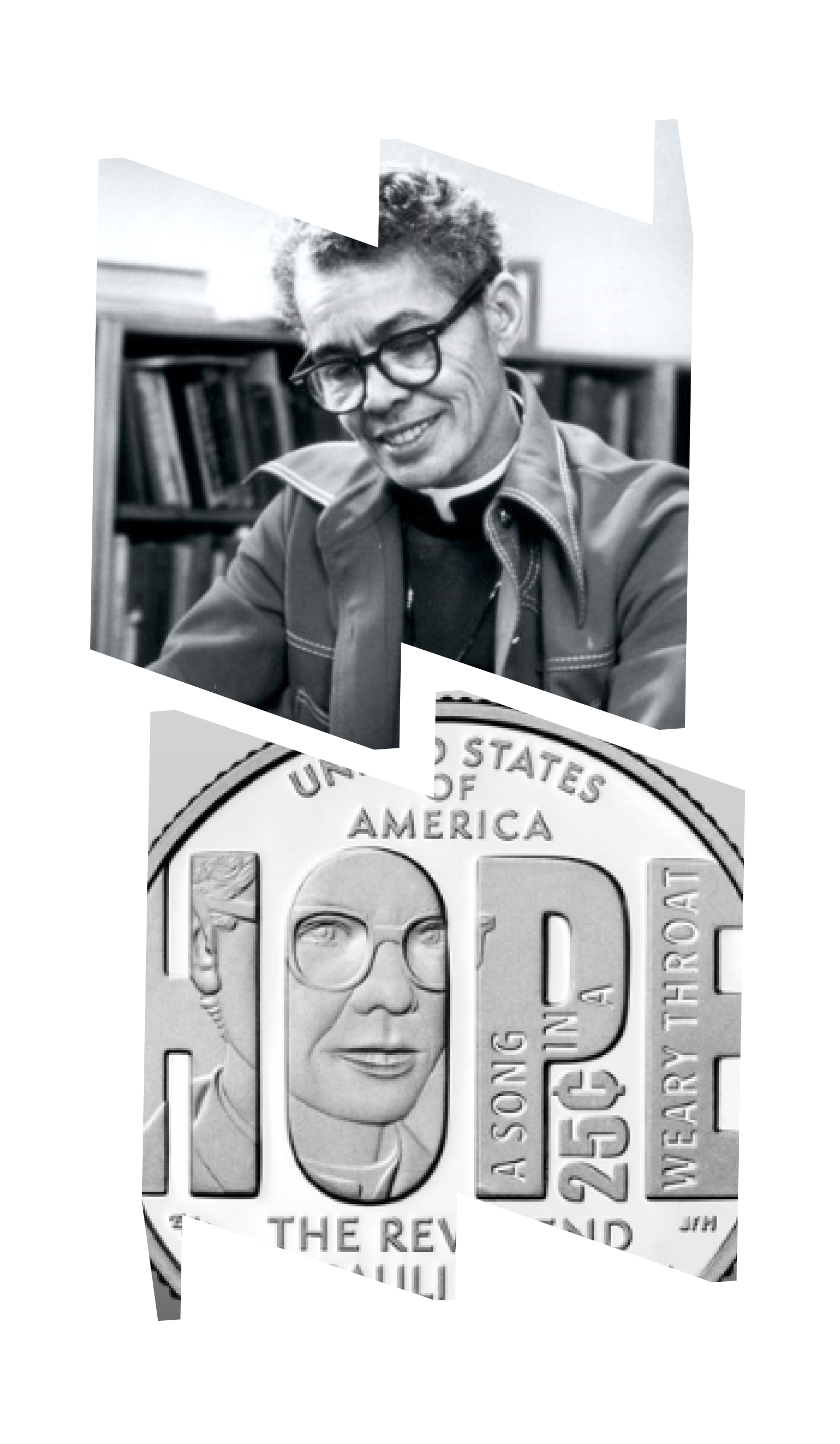 In top "W" frame, a black and white image of Pauli Murray seated and writing; in bottom "M" frame, close-up image of the Pauli Murray quarter.