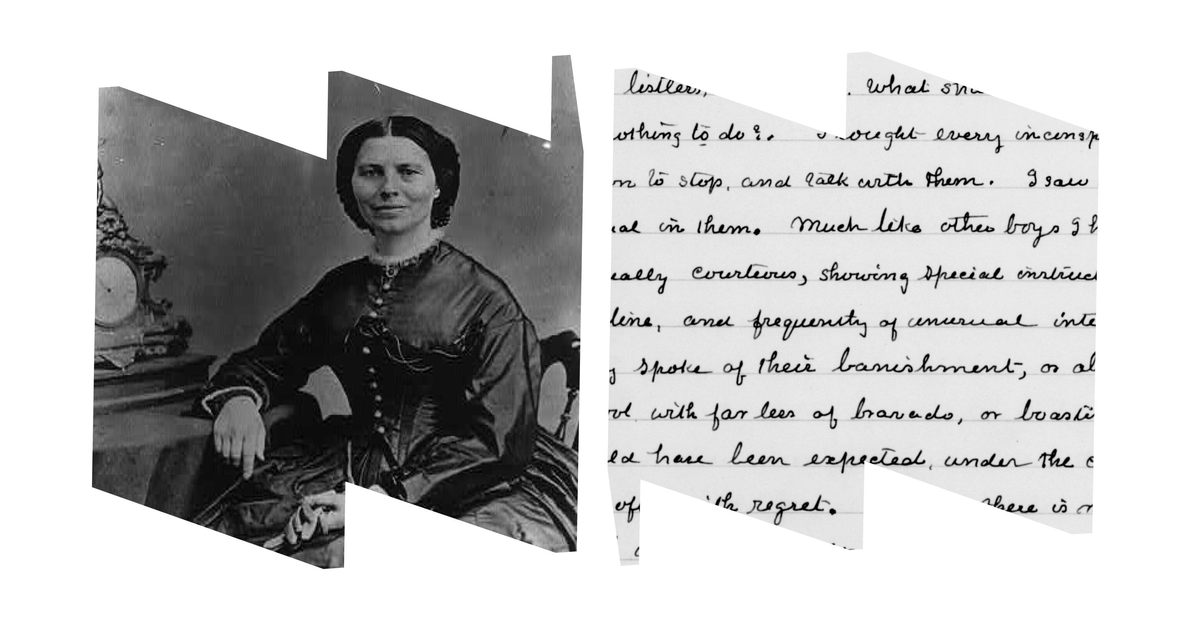 In left "W" frame, a black and white image of Clara Barton, seated. In right "M" frame, Clara's writing in cursive. 