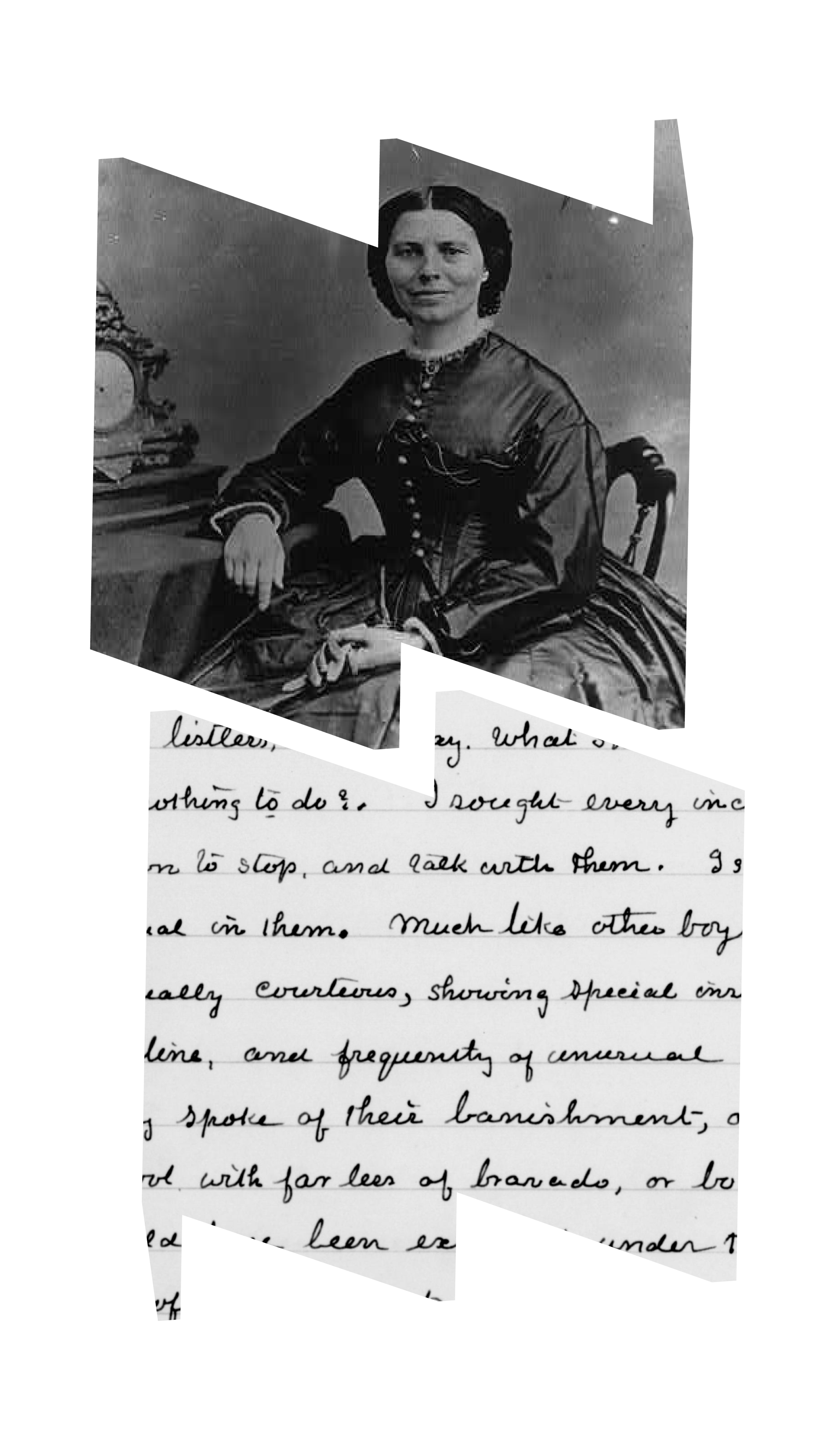 In top "W" frame, a black and white image of Clara Barton, seated. In bottom "M" frame, Clara's writing in cursive. 
