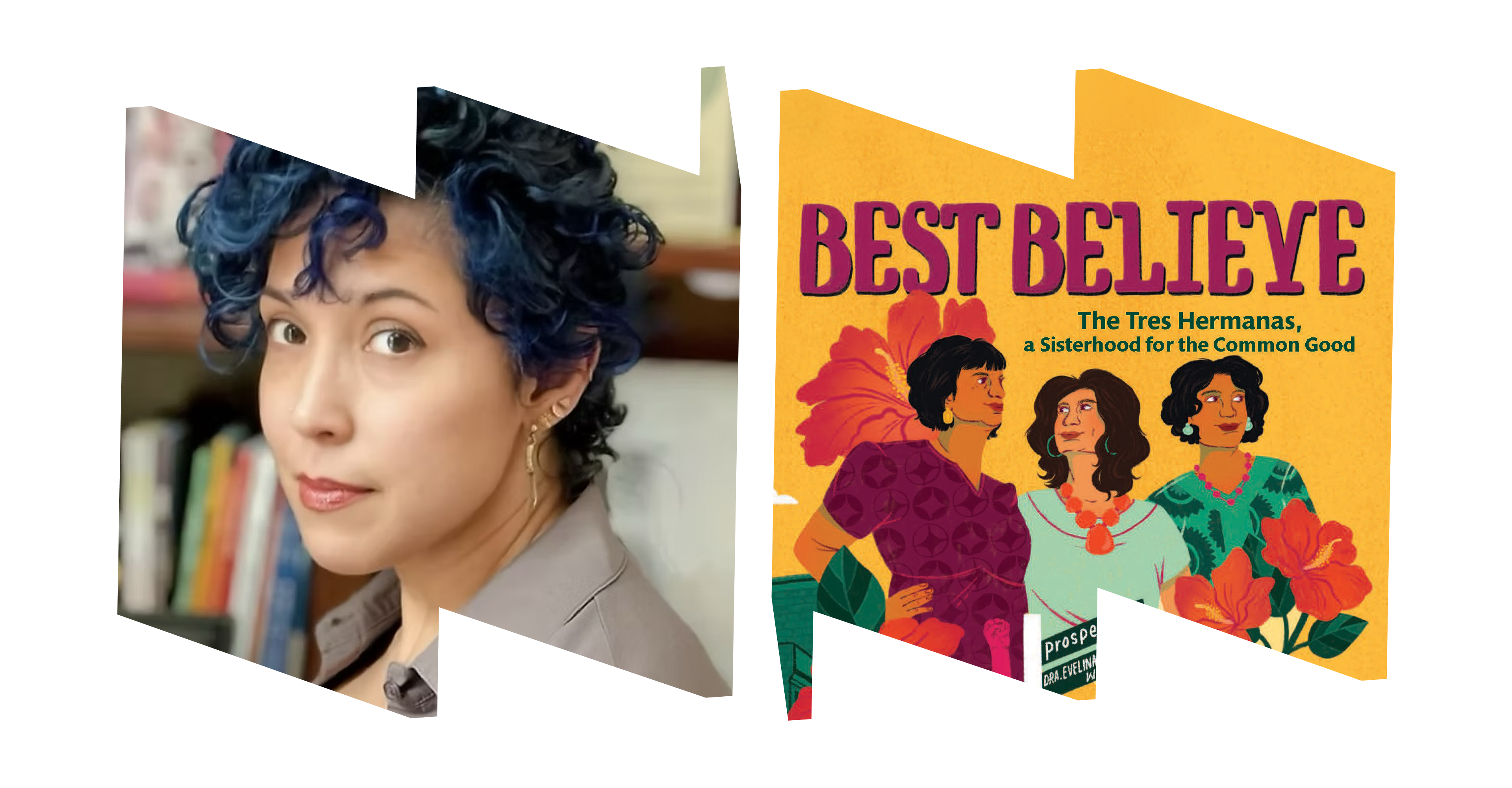 Headshot of author NoNieqa Ramos inside of left ‘w’ container and image of the book cover of “Best Believe” inside of the right ‘m’ container. The book cover shows an illustration of three women overlaid on top of a cityscape with hibiscus flowers.
