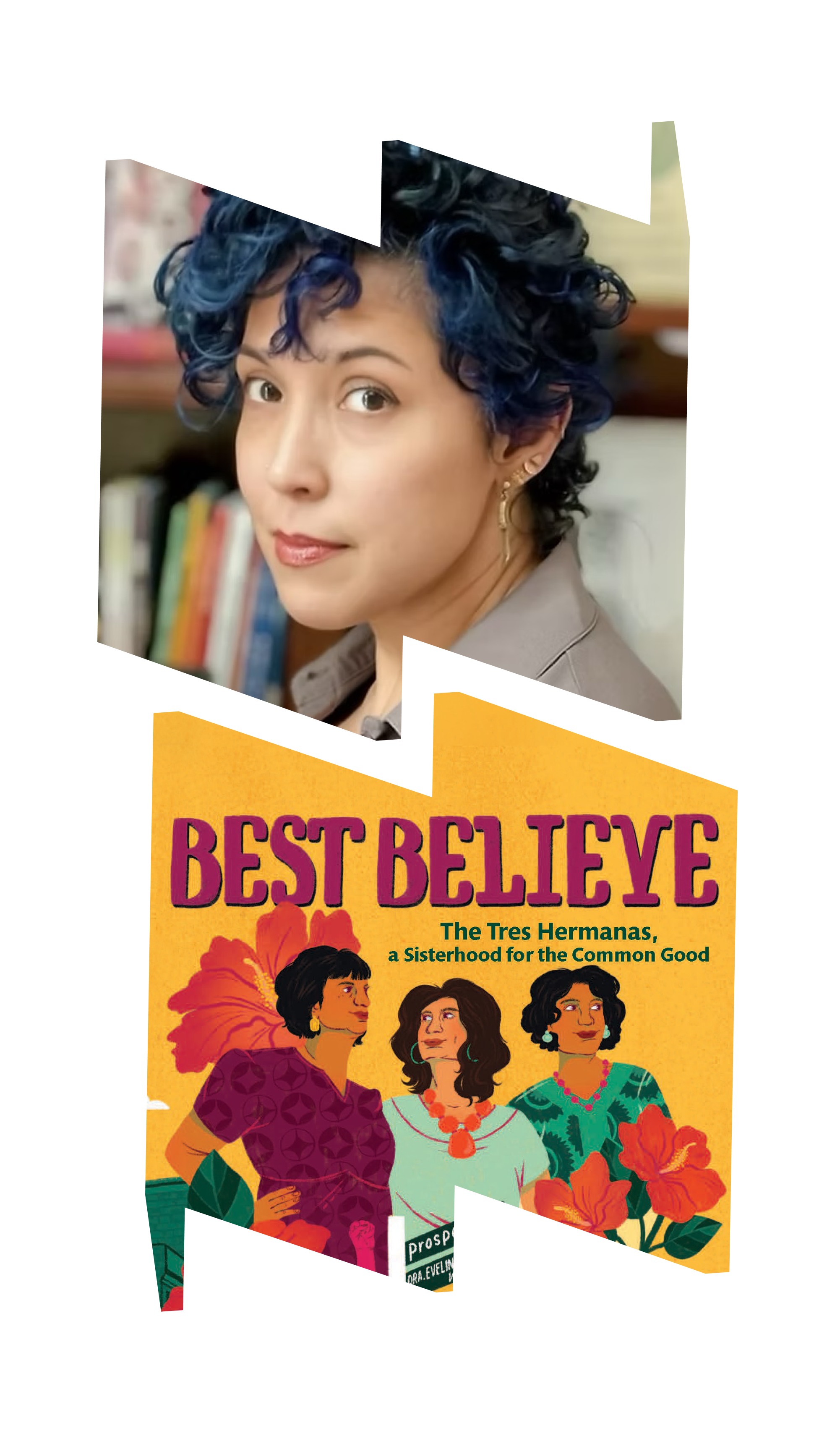 Headshot of author NoNieqa Ramos inside of top ‘w’ container and image of the book cover of “Best Believe” inside of the bottom ‘m’ container. The book cover shows an illustration of three women overlaid on top of a cityscape with hibiscus flowers.