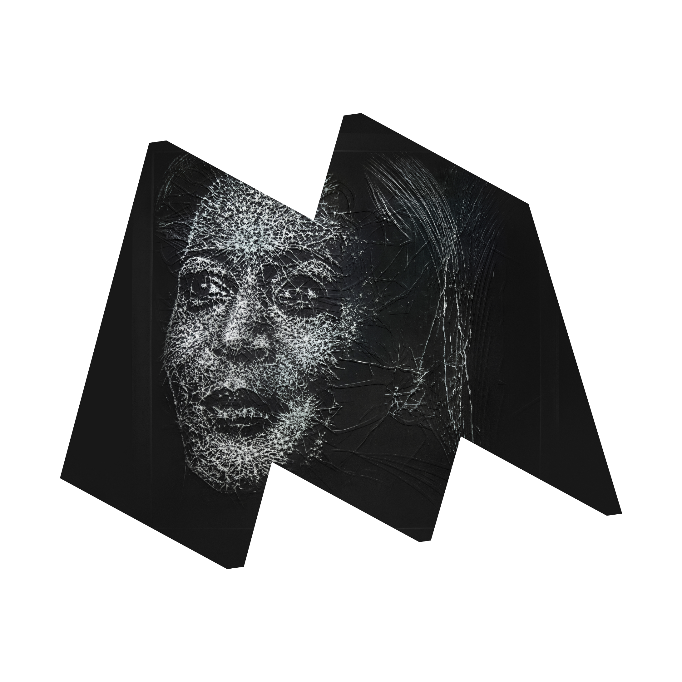 In "M" frame, image of portrait of Vice President Kamala Harris made from shattered glass.