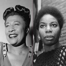 Headshots of Ella Fitzgerald and Nina Simone