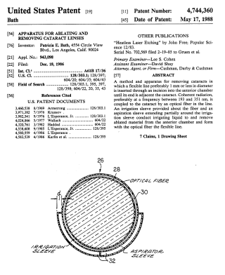 Photo of a document detailing the patent of Bath's medical procedure. It depicts a sketch of medical instrument.