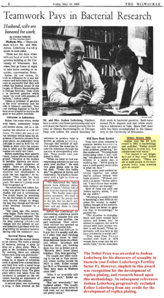 Newspaper article with a photo of Esther with her husband looking at samples.