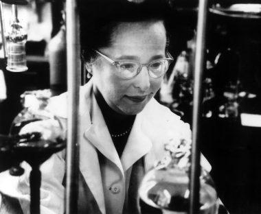 Black and white photo of Elion working in the lab.