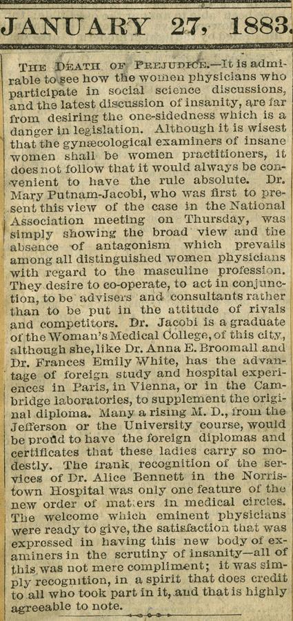 News clipping declaring the end of prejudice against women in medicine citing Mary Putnam, Drexel University Legacy Center