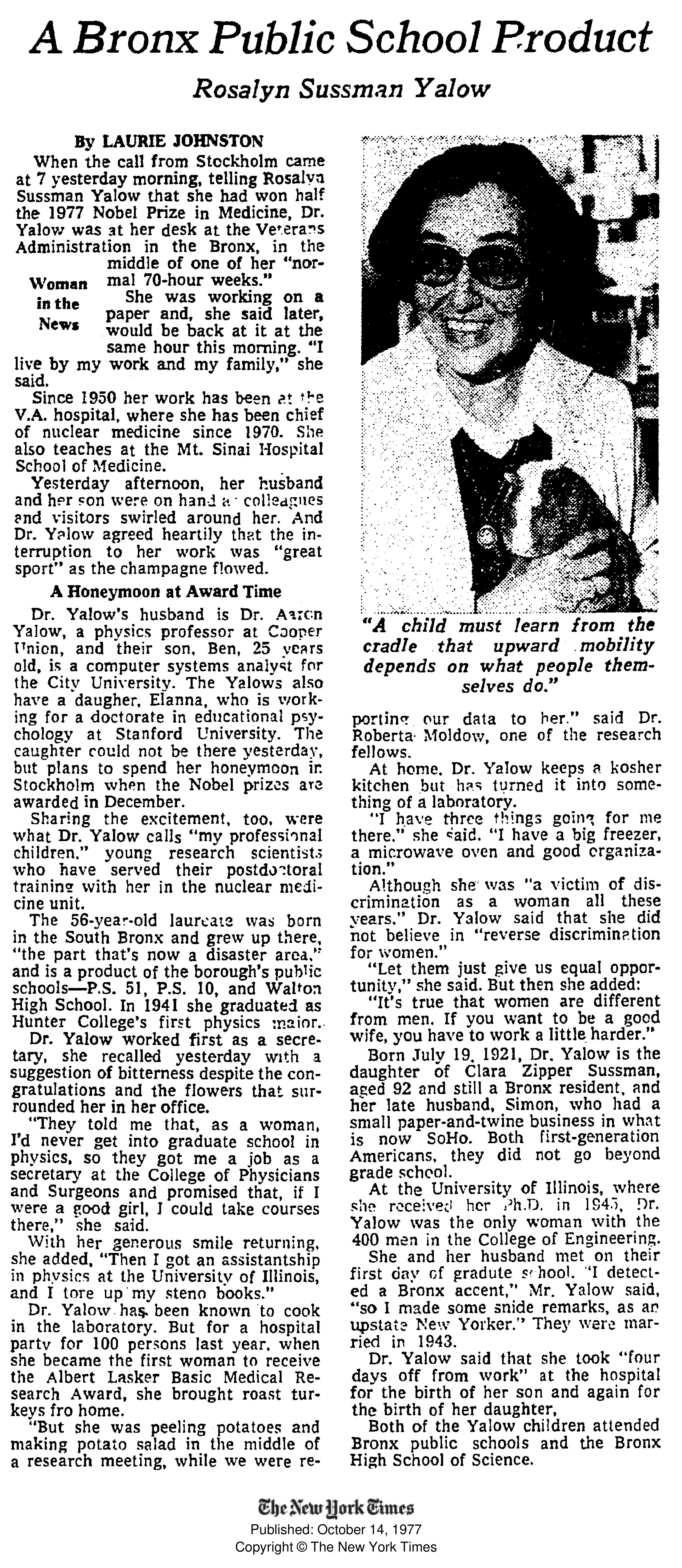 Column in the New York Times titled "A Bronx Public School Product" covering Rosalyn Yalow