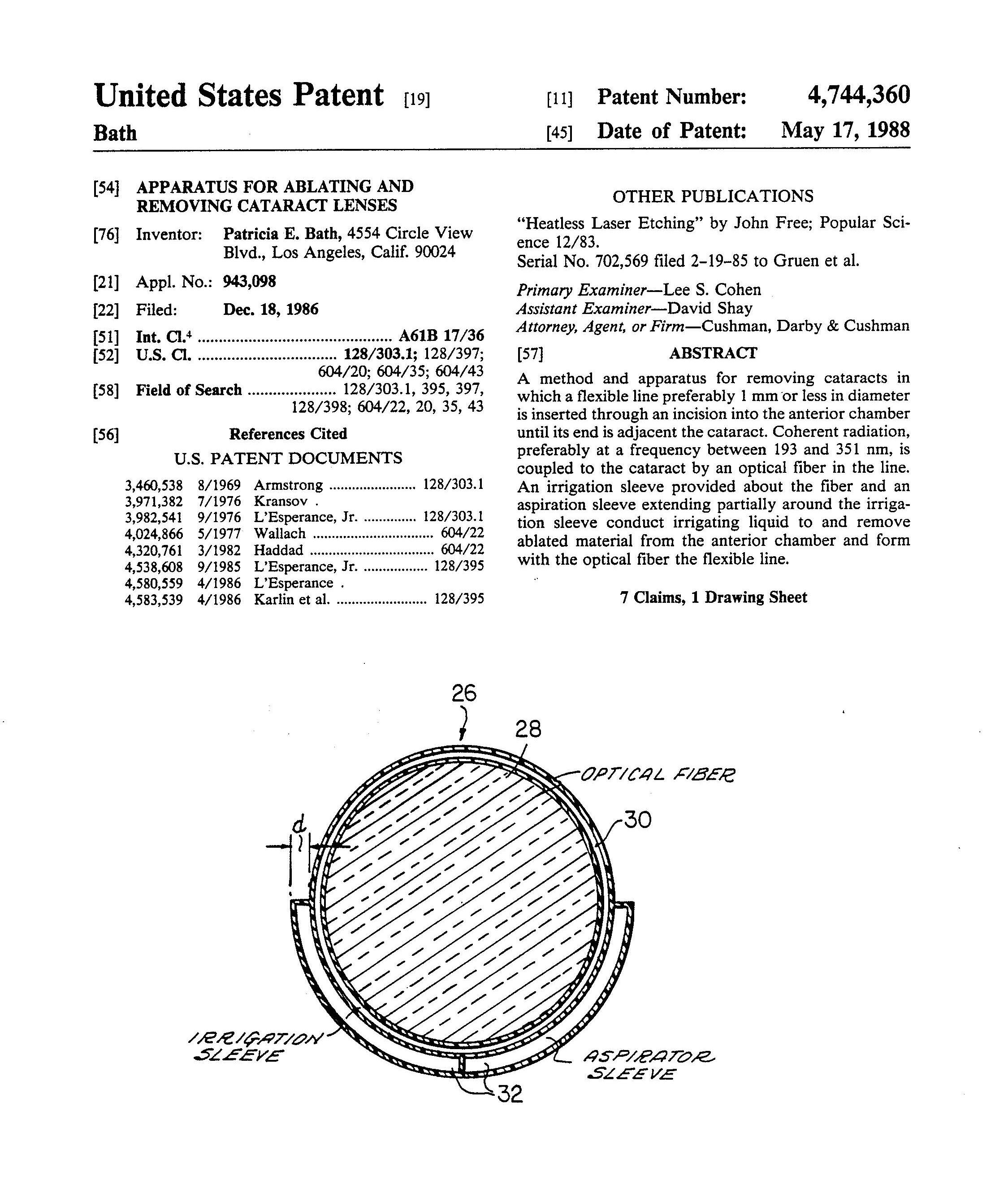Photo of a document detailing the patent of Bath’s medical procedure. It depicts a sketch of medical instrument.