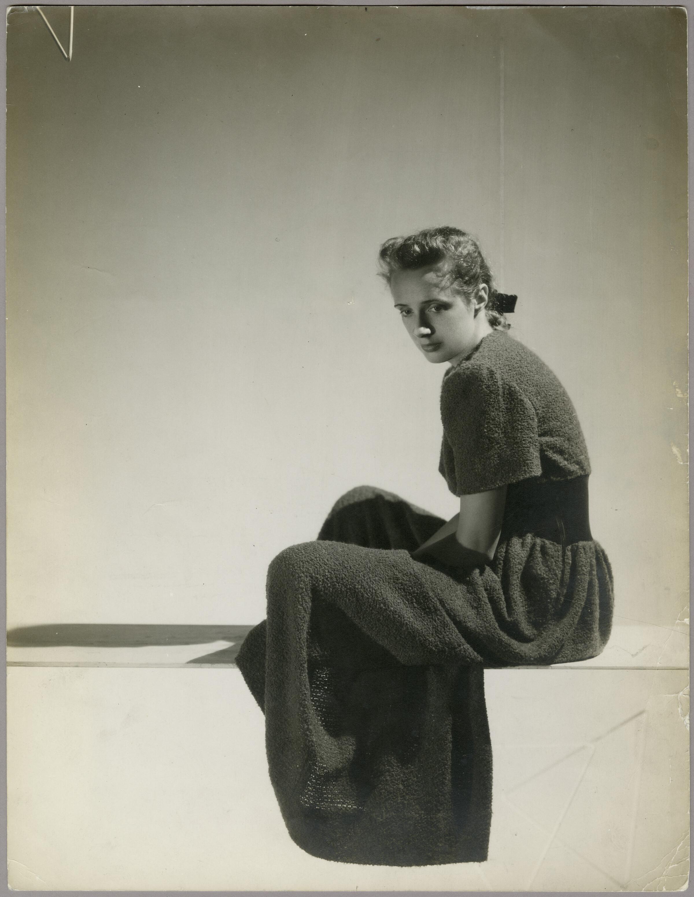 Claire McCardell modeling dress of her design