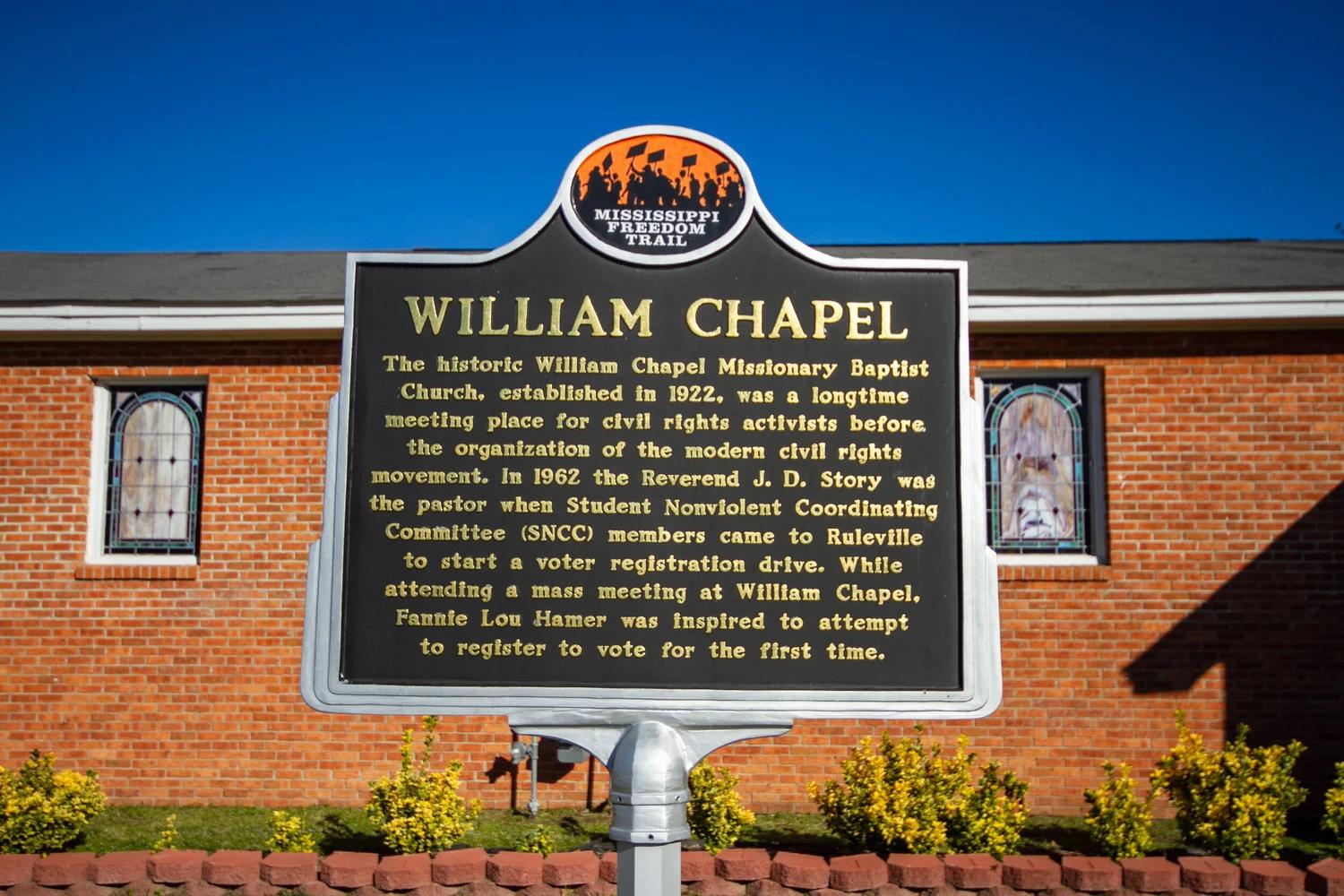 Historic marker in front of the church where Hamer was introduced to activism.