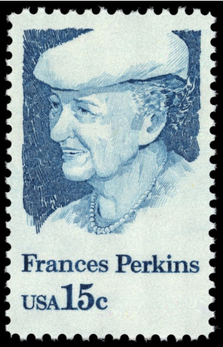 Photo of a postage stamp with Perkin's portrait on it.