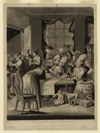 Print of Edenton women engaging in discussion and civic discourse.