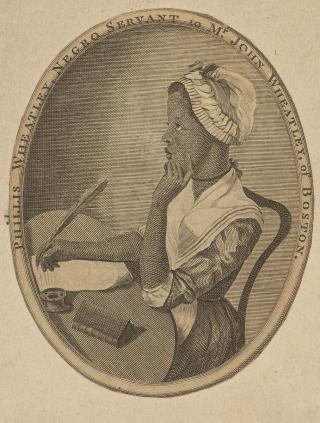 Depiction of Phillis Wheatley writing on paper. She has one hand rested on her face as if in thought.