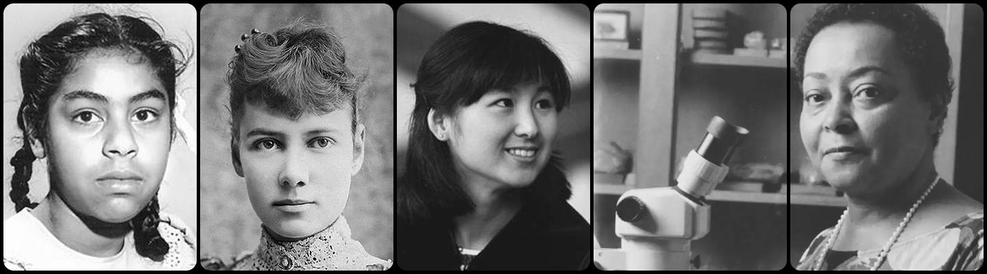 Portraits of several important figures in history. From left to right: Sylvia Mendez, Nellie Bly, Maya Lin, and Dr. Joan Murrell Owens.