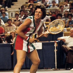 Former tennis player Billie Jean King (C) is joined by cast