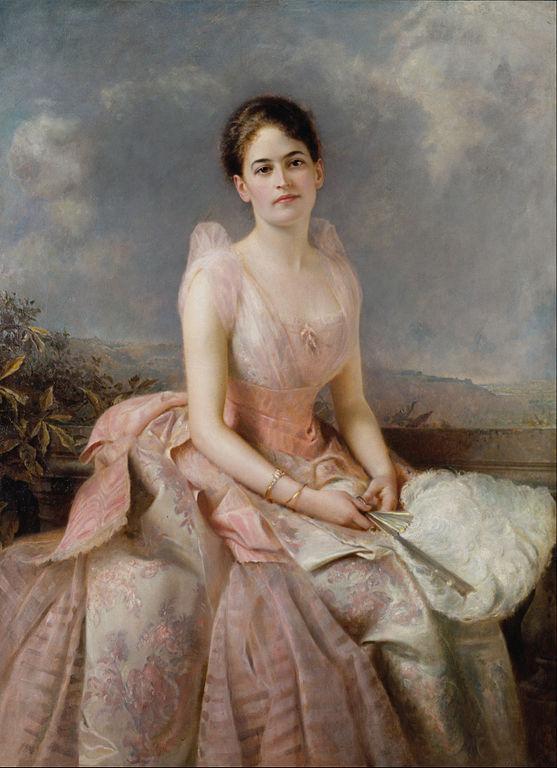 A painting of Juliette Gordon Low in a pink dress.