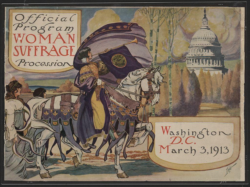 Women dressed in purple and gold, with one women riding astride a white horse.