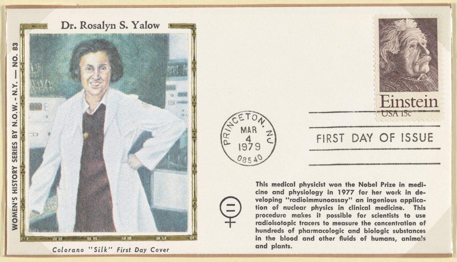 First Day Cover featuring Rosalyn Yalow. A photo of Yalow is on the left, while the right side has a body of text and a stamp featuring Albert Einstein.