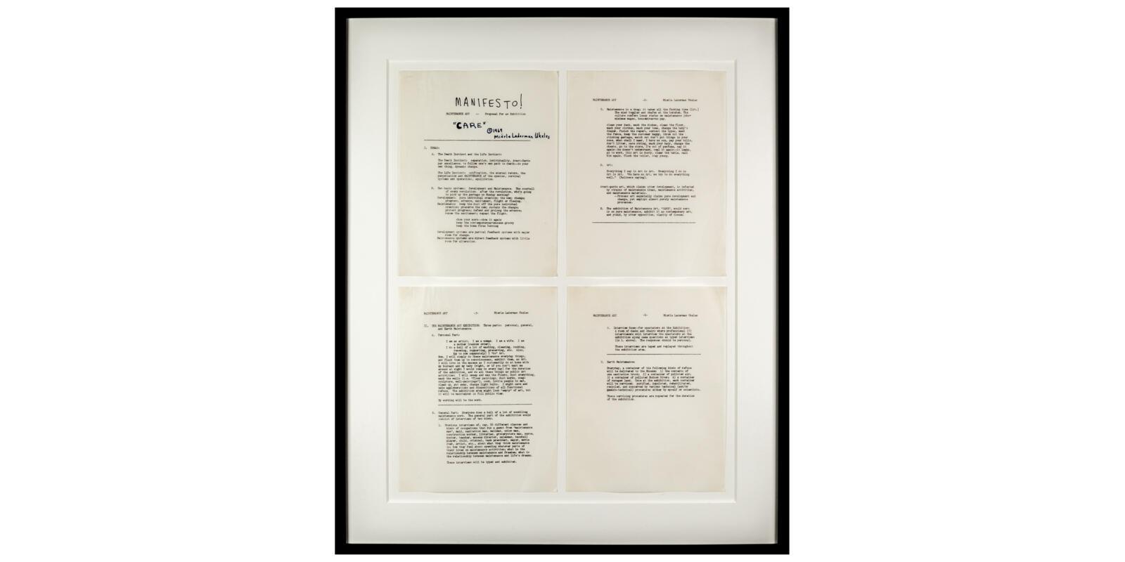 Photo of Ukeles' Manifest for Maintenance Art. There are four pages of the document arranged in a two by two formation.