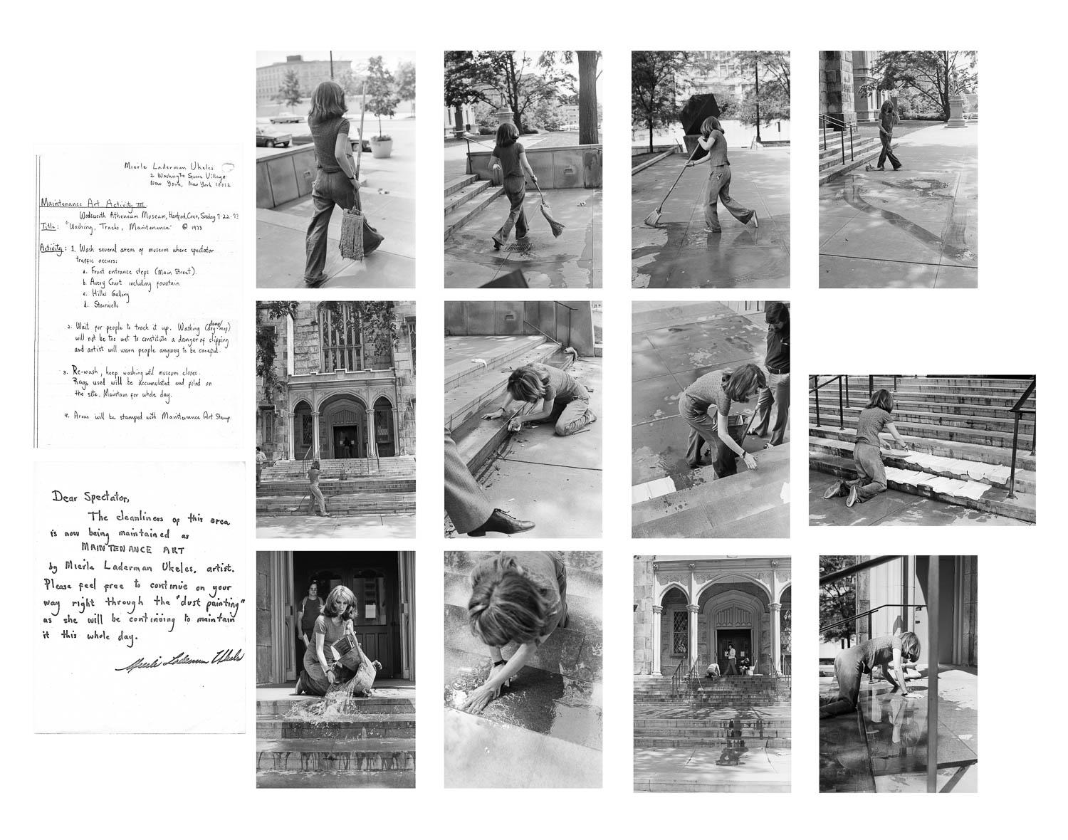 Collection of twelve black and white images depicting Ukeles cleaning outside, including stairs and sidewalks, as well as two written documents.