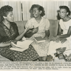Photograph of Minnie Brown, Melba Patillo, and Thelma Mothershed, students at Little Rock Central High School in 1957.