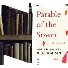 Stack of books next to the cover of Parable of the Sower.